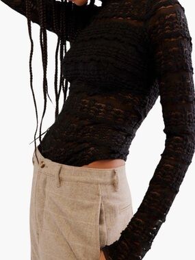 Free People Angelina Lace Bodysuit Black Mock Neck Long Sleeve Medium